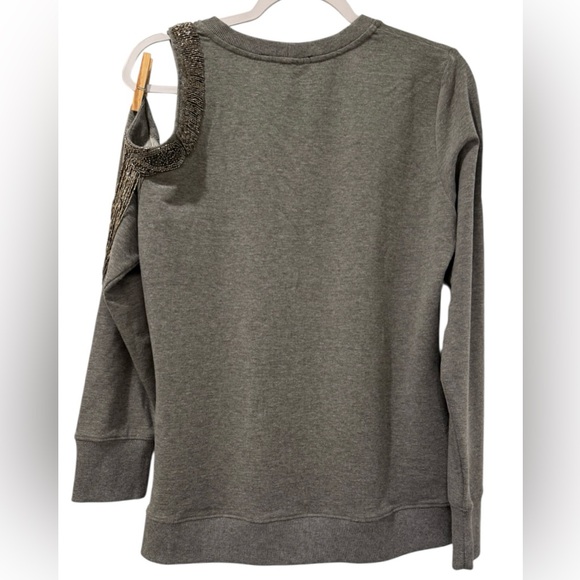 Boston Proper women’s Medium long sleeve cold shoulder beaded gray sweater - Picture 2 of 3